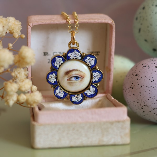 Lover's eye pendant antique micromosaic fired enamel hand painted