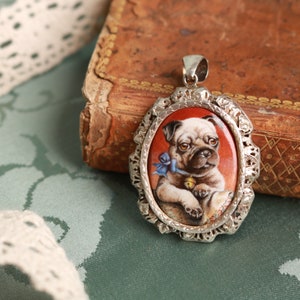 Enamel pendant pug dog hand painted fired antique silver filigree frame