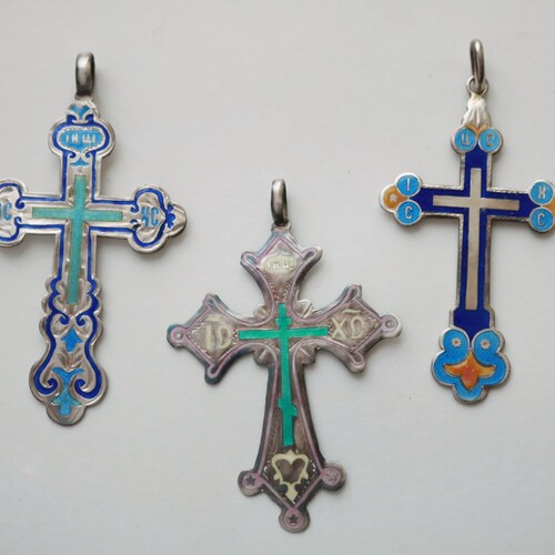 Antique shops Russian Orthodox fired enamel Cross Crucifix Pendant