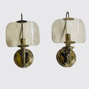 Pair of vintage brass and smoked glass wall lights