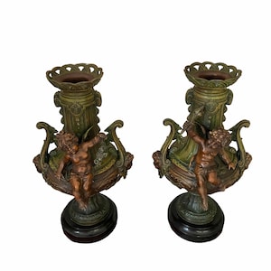 Old pair of 19th century gilded bronze candlestick vases