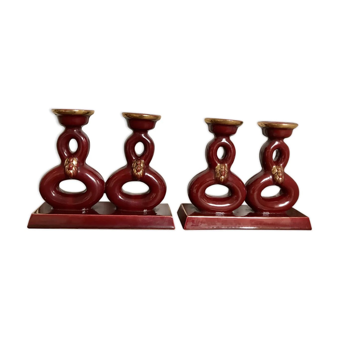 Ancienne Paire de Bougeoirs en Céramique Émaillée Signée Cab Art Déco