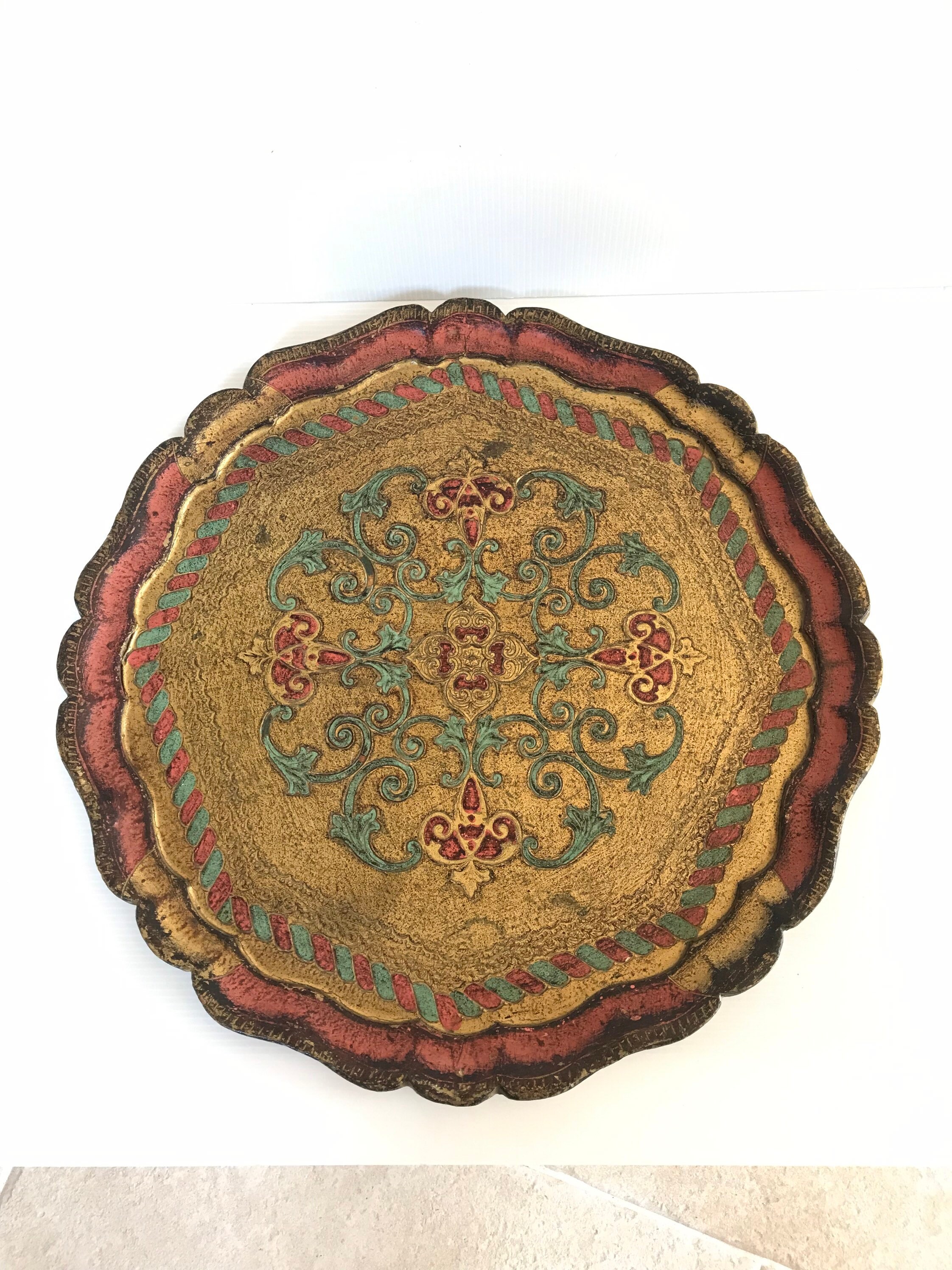 Ancien Plateau Vénitien Rond Patiné à L'ancienne