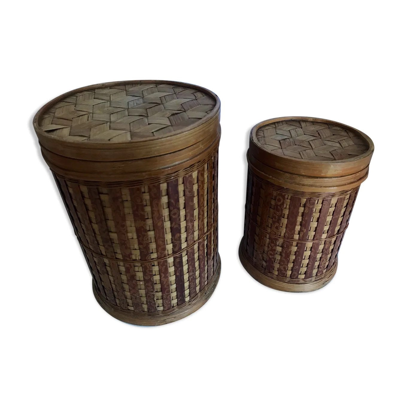 Duo de Boîtes Vintage en Osier et Bambou Tressés