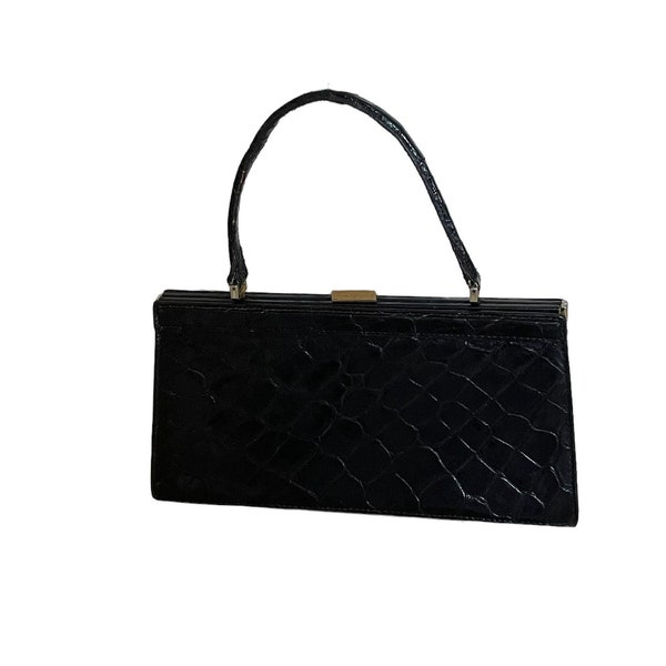 Sac à main en cuir noir façon crocodile vintage