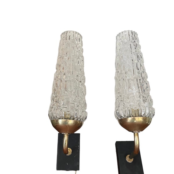 Pair of vintage glass and brass sconces