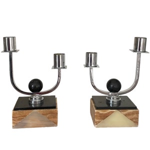 Old pair of Art Deco marble and chrome candlesticks