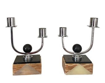 Antique pair of Art Deco marble and chrome candlesticks