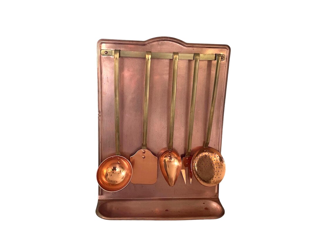 Lot De 5 Ustensiles De Cuisine En Cuivre Et Laiton + Support – Déco Vintage