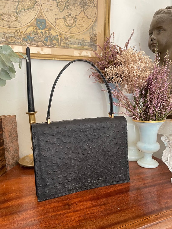 1960s black ostrich leather handbag - image 4