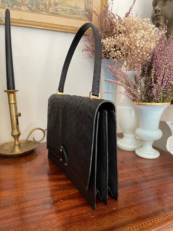 1960s black ostrich leather handbag - image 5