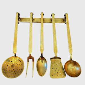 Antique solid brass kitchen utensils with stand