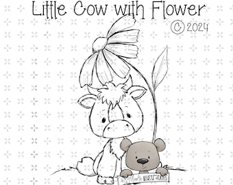 Little Cow with Flower digi stamp printable color page png jpeg instant download spring