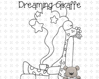 Dreaming Giraffe digi stamp digital instant download coloring page png jpeg printable lineart