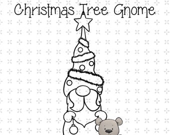 Christmas Tree Gnome digi stamp digital instant download coloring page png jpeg printable lineart