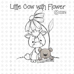 Pequeña vaca con flor digi sello página de color imprimible png jpeg descarga instantánea primavera