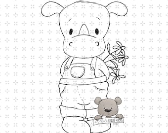 Flowers for You Rhino Digi stamp digital instant download coloring page png jpeg printable