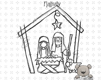 Nativity digi stamp digital instant download coloring page png jpeg printable lineart