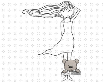 Girl Windblown Hair Digi stamp digital instant download coloring page png jpeg
