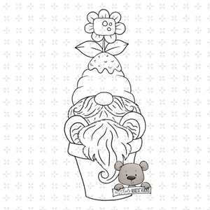 May include: Black and white line art illustration of a gnome wearing a flower pot as a hat. The gnome is holding a sign that says "Moodie Illustrations".