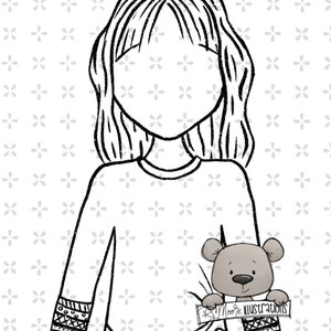 Op de afbeelding: Zwart-wit illustratie van een persoon die een shirt met lange mouwen draagt met een berenafbeelding. De beer houdt een bord vast met "Moore illustrations". Het shirt heeft manchetten met patronen en een knoop.