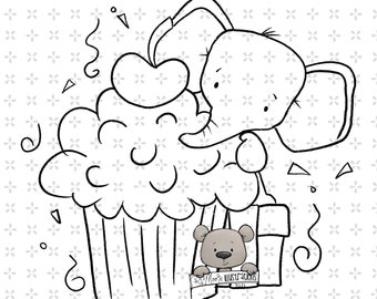 Birthday Cupcake Elephant Digi stamp digital instant download printable png jpeg