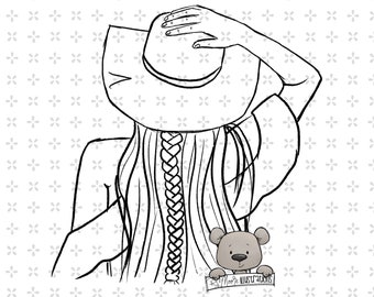 Girl Holding Hat Digi stamp digital instant download coloring page png jpeg