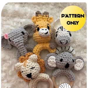 Animals Crochet Rattle PATTERNs, Newborn Gift, ZEBRA, Lion, Koala, Giraffe, elephant Baby Crochet rattle pattern. Set of 5 Patterns