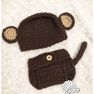 Monkey Crochet baby set, brown monkey Diaper cover, monkey baby hat, monkey tail set, brown baby set, first birthday gift monkey theme