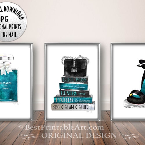 Fashion Books Art Set Teal Black Fashion Wall Art Fashion Etsy