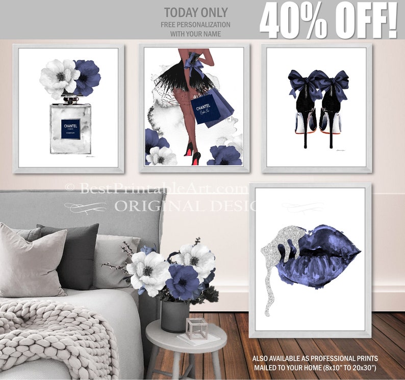 Fashion Art Set Fashion Wall Art Blue Silver Fashion Prints Etsy