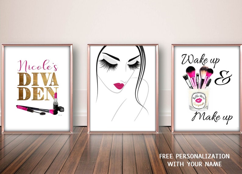 Diva Den Fashion Wall Art Set Decor Prints Poster Make Up Brushes Gold Foil