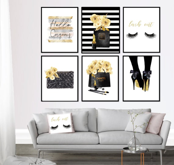 Fashion Wall Art Set of 6 Floral Gold Black Classy Perfume | Etsy