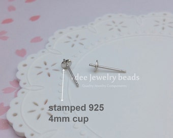 4mm silver cup post earrings, silver stud earrings, single pearl stone earrings, Solid 925 Sterling Silver with Rhodium Plated F121