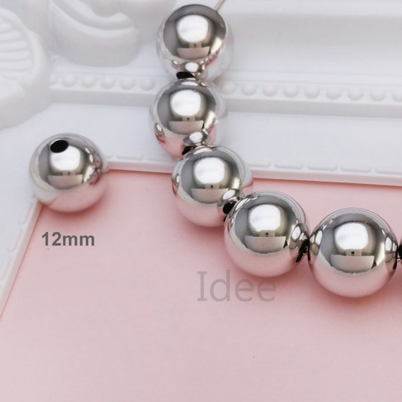 12mm silver round beads, Solid 925 Sterling Silver with Rhodium Plated for Anti Tarnish. USA. F17