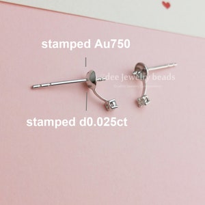 18k Natural Diamond Cup Peg Ear Post with diamond curve bar Pearl Mounting, 18 karat Solid White Gold with Natural Diamond K238