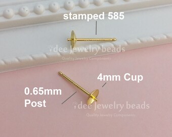 May include: Gold-colored earring posts with a 4mm cup and a 0.65mm post. The posts are stamped with "585". The image also includes the text "dee jewelry beads" and "Quality Jewelry Components".