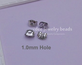 silver Earnut, silver Earback, ear butterfly, 1.0mm hole, Solid 925 Sterling Silver with Rhodium Plated F76