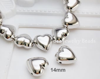 14mm silver shiny heart beads, Solid 925 Sterling Silver with Rhodium Plated F57