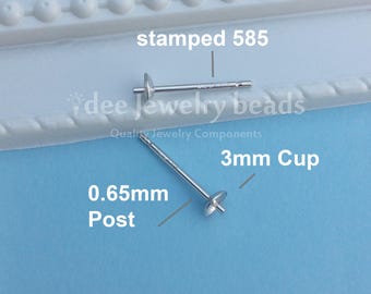 Solid Real 14k white Gold 3mm Cup Peg Ear Post Stud Earring Mountings, Light Weight, 14 karat Solid white gold. K110