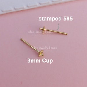 Solid 14k Yellow Gold 3mm Cup Peg Ear Post Stud Earring Mountings, Light Weight, 14 karat Solid Yellow gold. K188