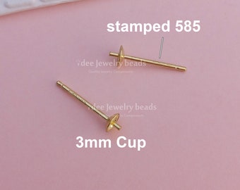 Solid 14k Yellow Gold 3mm Cup Peg Ear Post Stud Earring Mountings, Light Weight, 14 karat Solid Yellow gold. K188