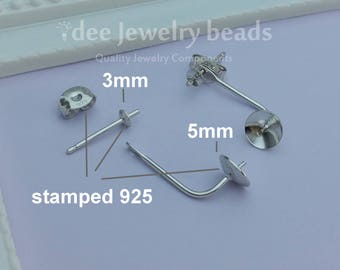 May include: Two silver earring findings, one with a 3 mm post and the other with a 5 mm curved post. Both are stamped 925.
