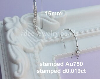 Solid Real 18k White Gold Natural Diamond 3mm Cup Peg Earring Mountings, 18 karat Solid White gold. K314