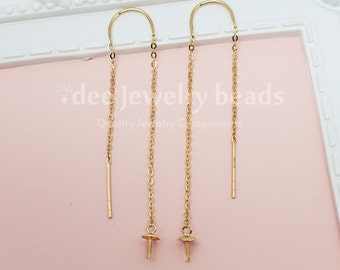 18k Solid yellow gold U-Threader Cable Chain Earring findings with 3mm Cup Peg, 18 karat Solid yellow gold. K415