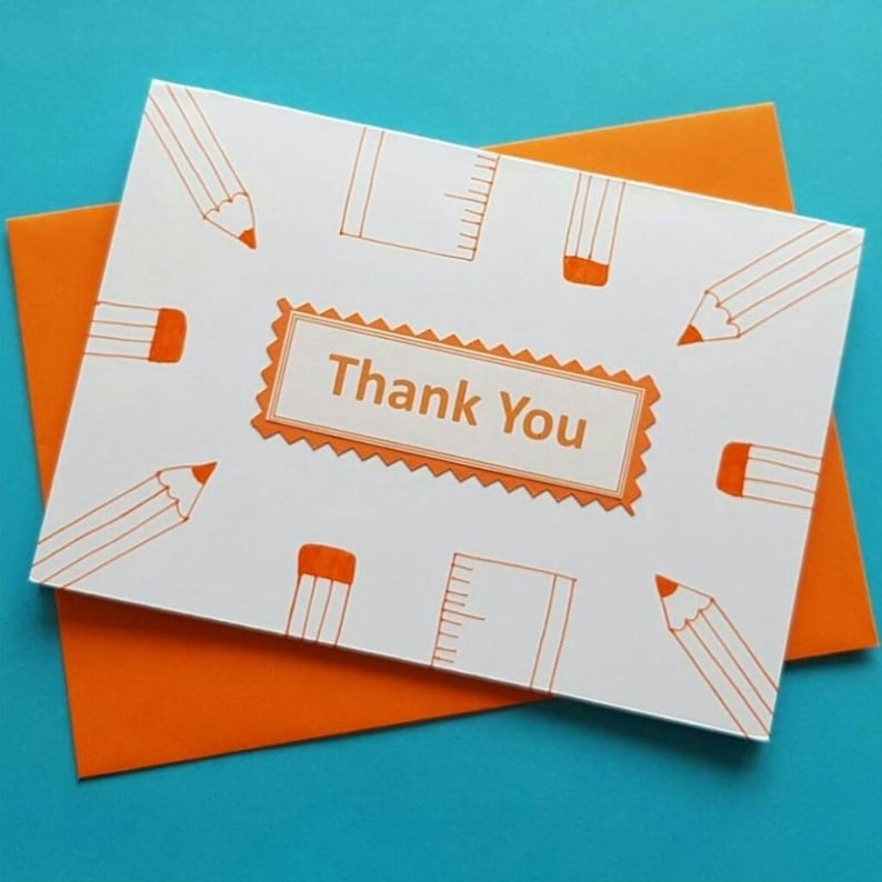 Blank inside Thank you Worldwide shipping available Pencils and rulers Teacher card Orange