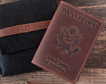 Customizable Leather Passport Holder with American Coat of Arms Design - Perfect Father's or Mother's Day Travel Gift or Vacation Essential