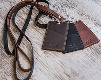 Personalized Leather ID Holder with Neck Lanyard and Credit Card Pocket - Cowhide Badge & Pass Holder - Custom Gift for Mom or Dad