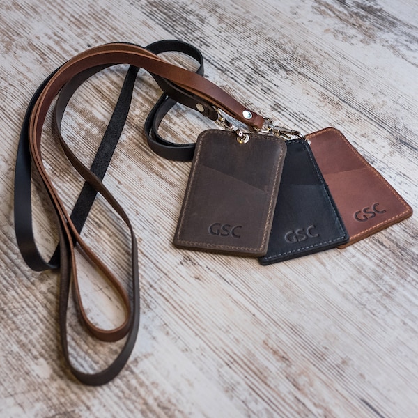 ID Holder Leather Lanyard, Personalized Leather ID holder with pocket, Leather ID Card Holder, Badge Holder, Pass Holder, Key wrist strap