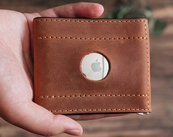 Portefeuille homme en cuir premium avec pinces à billets avec fente pour Apple AirTag - Design minimaliste gravé, portefeuille compact à deux volets pour billets de banque